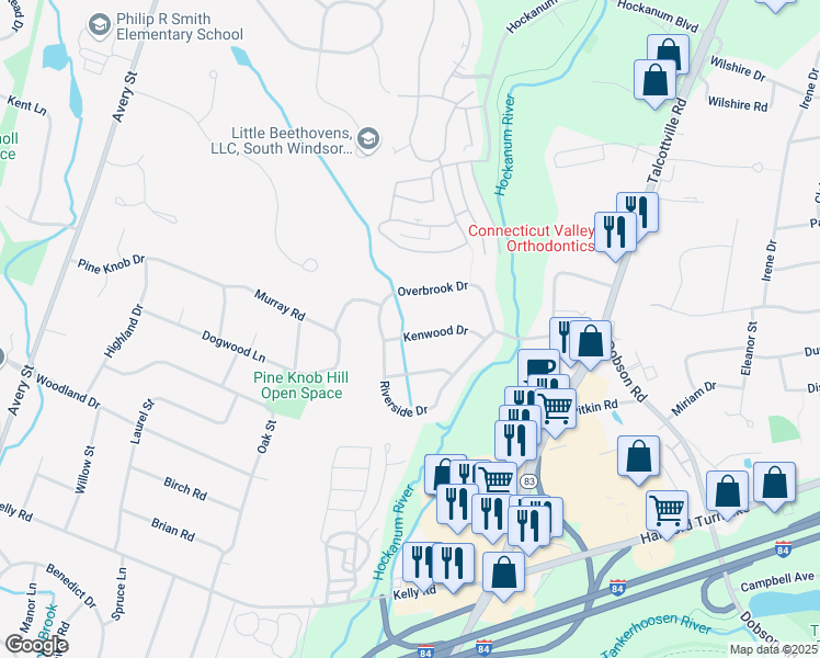 map of restaurants, bars, coffee shops, grocery stores, and more near 30 Overbrook Drive in Vernon