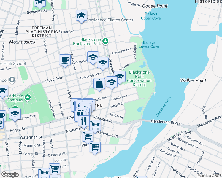 map of restaurants, bars, coffee shops, grocery stores, and more near 21 Blackstone Boulevard in Providence