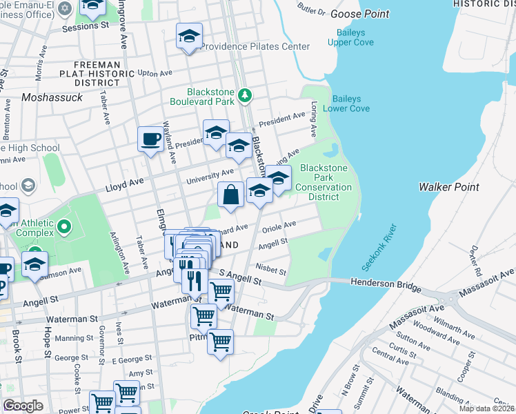 map of restaurants, bars, coffee shops, grocery stores, and more near 21 Blackstone Boulevard in Providence