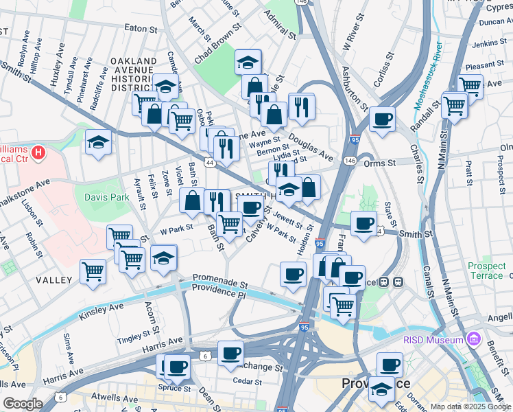 map of restaurants, bars, coffee shops, grocery stores, and more near 281 Smith Street in Providence