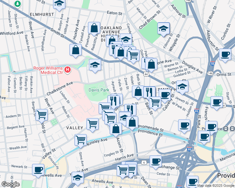 map of restaurants, bars, coffee shops, grocery stores, and more near 52 Felix Street in Providence