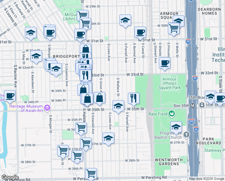 map of restaurants, bars, coffee shops, grocery stores, and more near 3335 South Lowe Avenue in Chicago