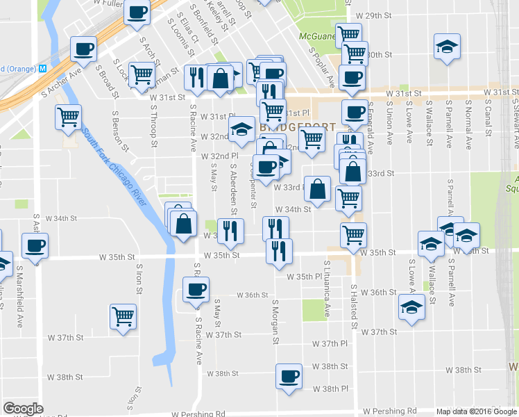 map of restaurants, bars, coffee shops, grocery stores, and more near 3326 South Carpenter Street in Chicago