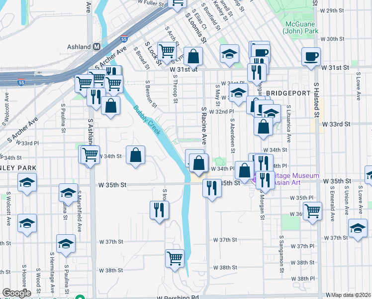 map of restaurants, bars, coffee shops, grocery stores, and more near 1220 West 33rd Place in Chicago