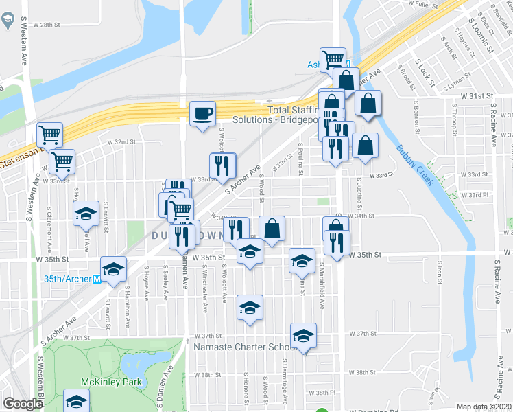 map of restaurants, bars, coffee shops, grocery stores, and more near 3316 South Wood Street in Chicago