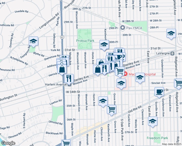 map of restaurants, bars, coffee shops, grocery stores, and more near 3214 Home Avenue in Berwyn