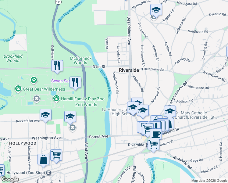 map of restaurants, bars, coffee shops, grocery stores, and more near 236 Maplewood Road in Riverside