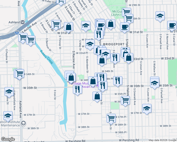map of restaurants, bars, coffee shops, grocery stores, and more near 3353 South Aberdeen Street in Chicago