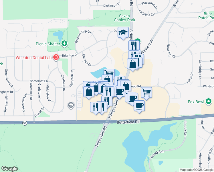 map of restaurants, bars, coffee shops, grocery stores, and more near 82 Gershwin Court in Wheaton