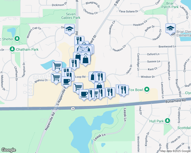 map of restaurants, bars, coffee shops, grocery stores, and more near 141 Danada Square East in Wheaton