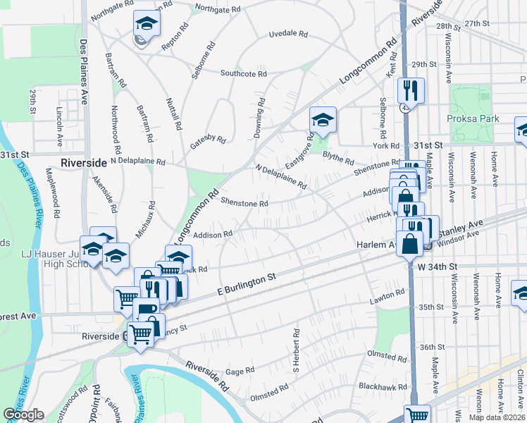 map of restaurants, bars, coffee shops, grocery stores, and more near 280 Shenstone Road in Riverside