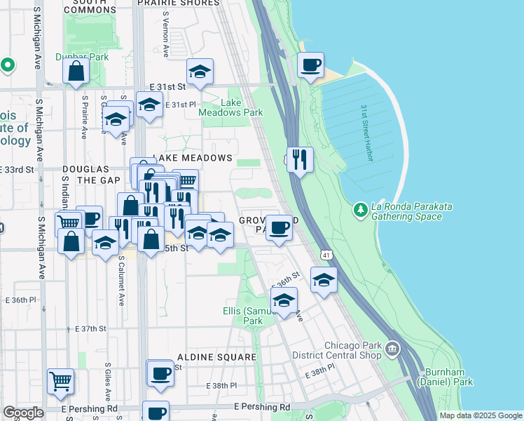 map of restaurants, bars, coffee shops, grocery stores, and more near 637 East Woodland Park Avenue in Chicago