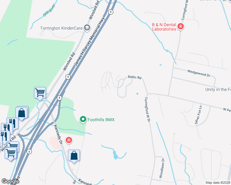 map of restaurants, bars, coffee shops, grocery stores, and more near 51 Rockledge Loop in Torrington