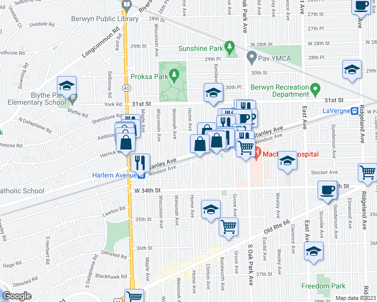 map of restaurants, bars, coffee shops, grocery stores, and more near 3234 Home Avenue in Berwyn