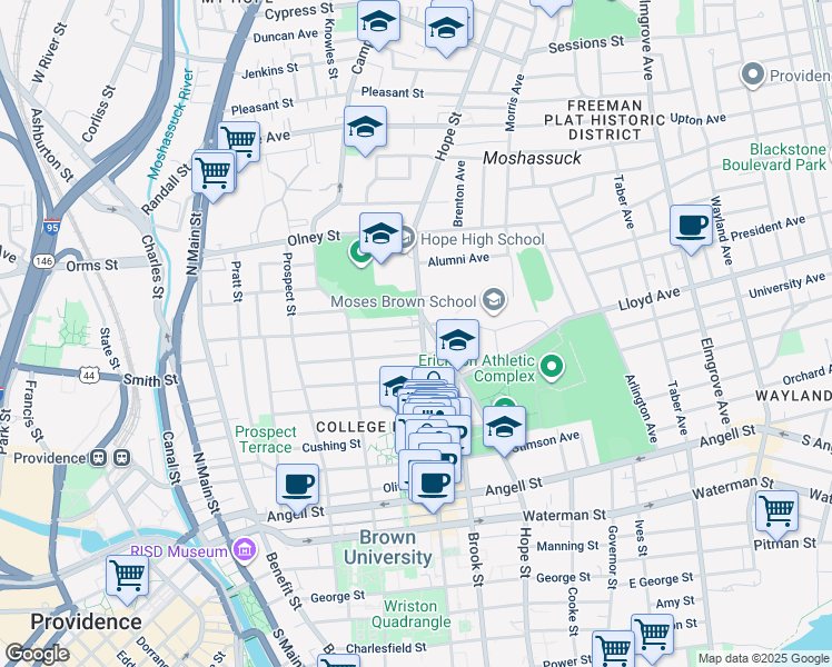 map of restaurants, bars, coffee shops, grocery stores, and more near 382 Thayer Street in Providence