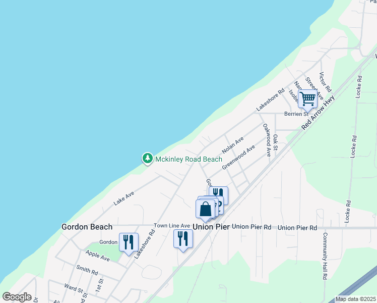 map of restaurants, bars, coffee shops, grocery stores, and more near 15852 Lakeshore Road in Union Pier