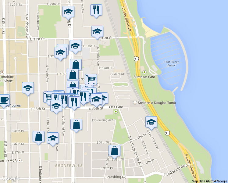 map of restaurants, bars, coffee shops, grocery stores, and more near 625 East Groveland Park in Chicago