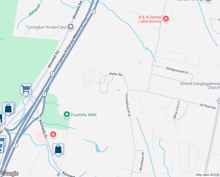 map of restaurants, bars, coffee shops, grocery stores, and more near 1-75 Rockledge Loop in Torrington