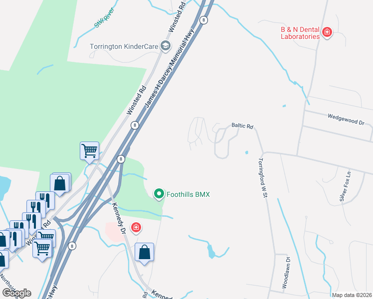 map of restaurants, bars, coffee shops, grocery stores, and more near 58 Rockledge Loop in Torrington