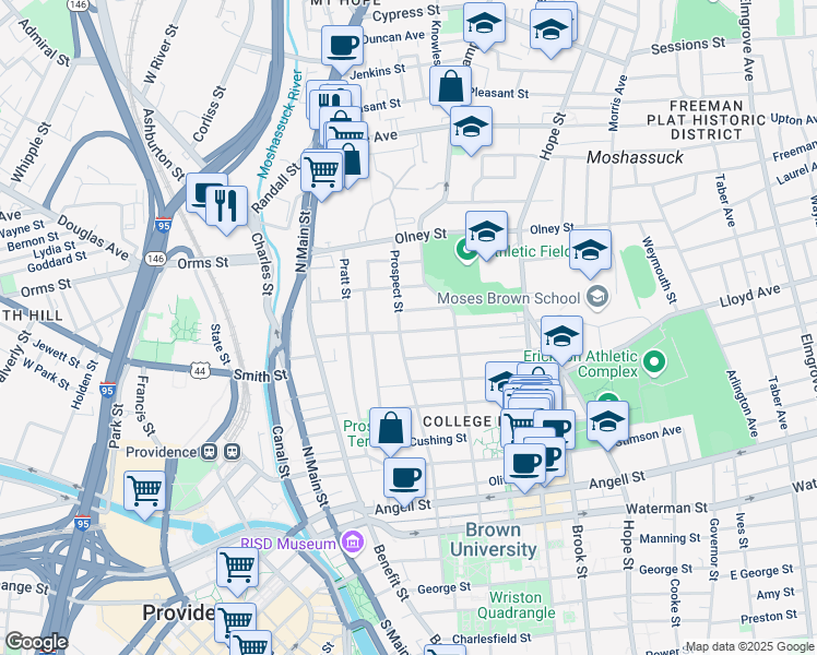 map of restaurants, bars, coffee shops, grocery stores, and more near 141 Prospect Street in Providence