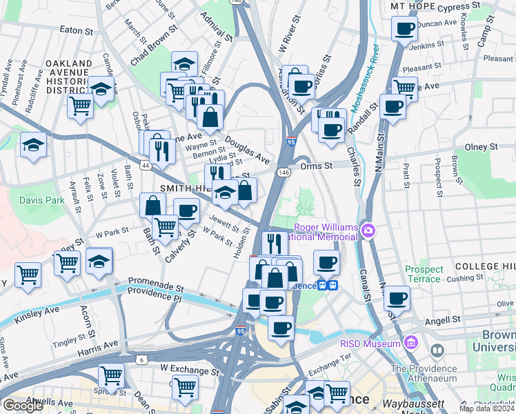 map of restaurants, bars, coffee shops, grocery stores, and more near 47 Common Street in Providence