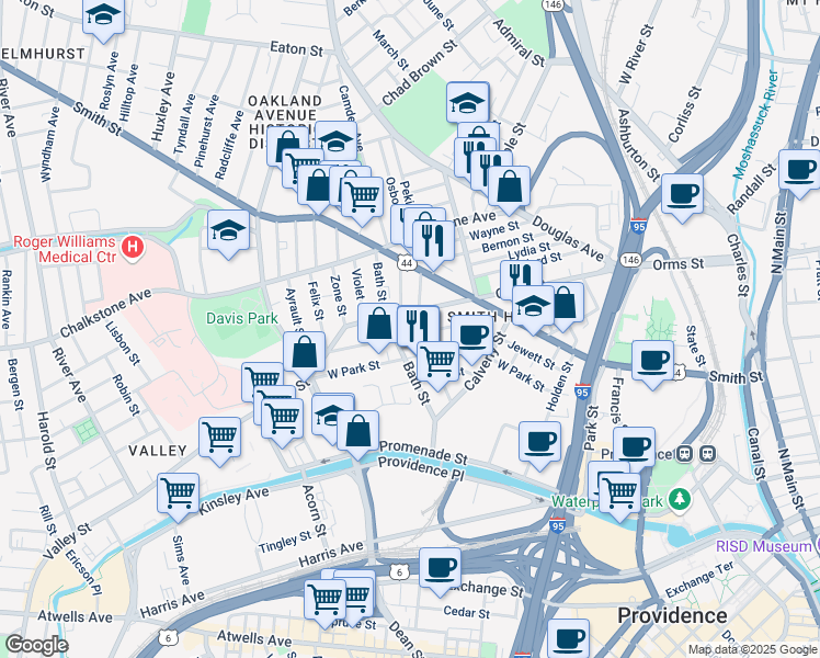 map of restaurants, bars, coffee shops, grocery stores, and more near 347 Orms Street in Providence