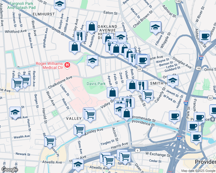 map of restaurants, bars, coffee shops, grocery stores, and more near 79 Pleasant Valley Parkway in Providence