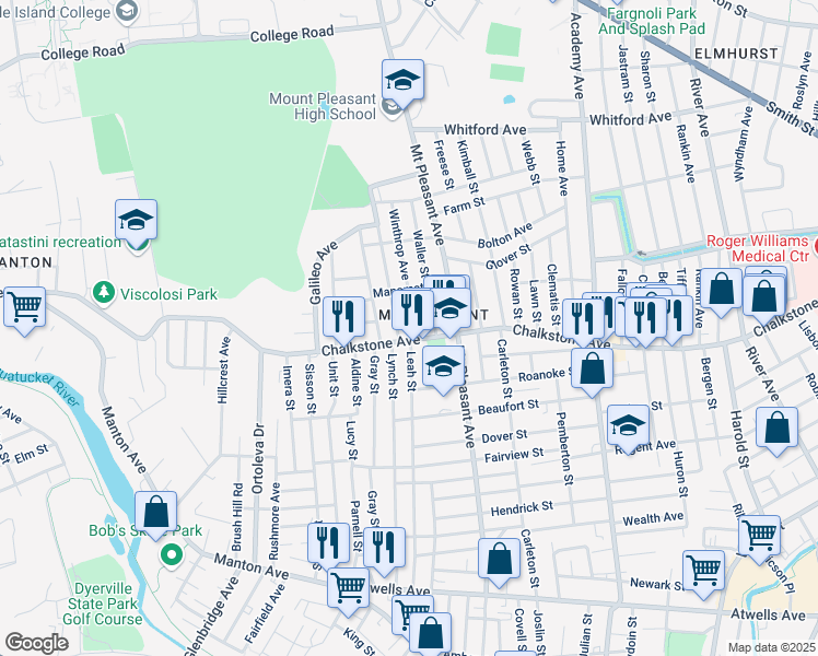 map of restaurants, bars, coffee shops, grocery stores, and more near 32 Waller Street in Providence