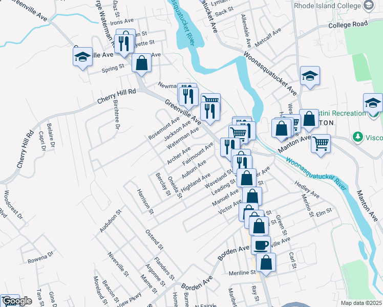 map of restaurants, bars, coffee shops, grocery stores, and more near 6 Higgins Street in Johnston