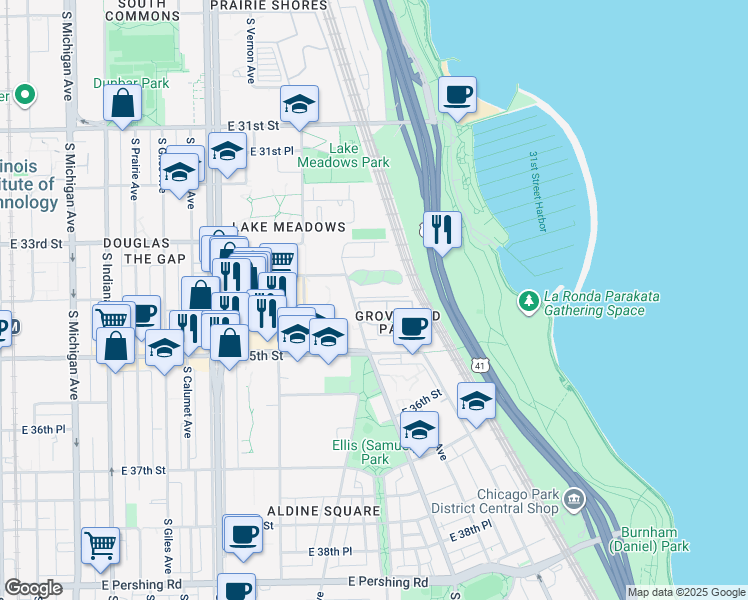 map of restaurants, bars, coffee shops, grocery stores, and more near 625 East Groveland Park in Chicago