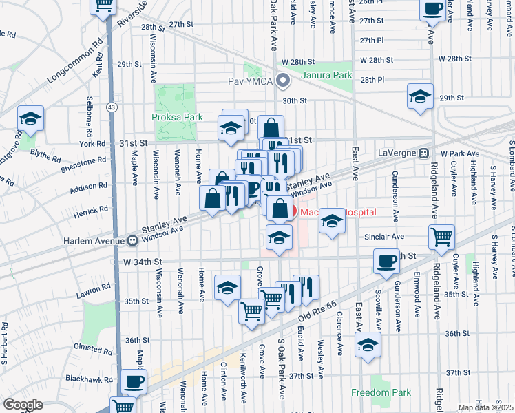 map of restaurants, bars, coffee shops, grocery stores, and more near in Berwyn