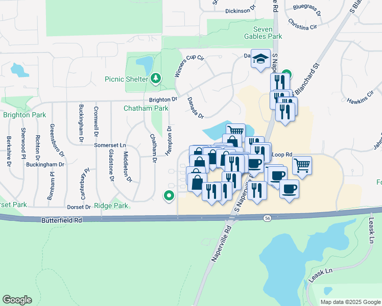 map of restaurants, bars, coffee shops, grocery stores, and more near 101 West Loop Road in Wheaton
