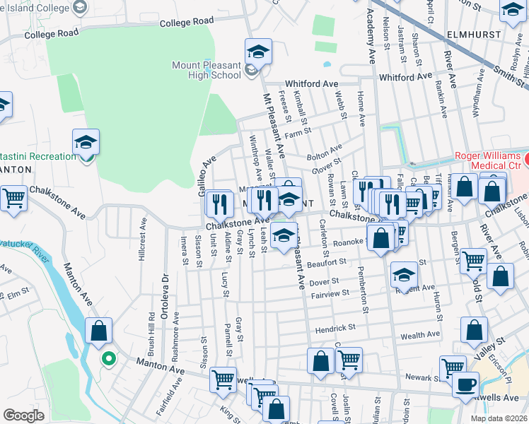 map of restaurants, bars, coffee shops, grocery stores, and more near 14 Winthrop Avenue in Providence