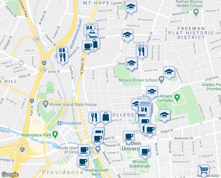 map of restaurants, bars, coffee shops, grocery stores, and more near 2 Barnes Street in Providence