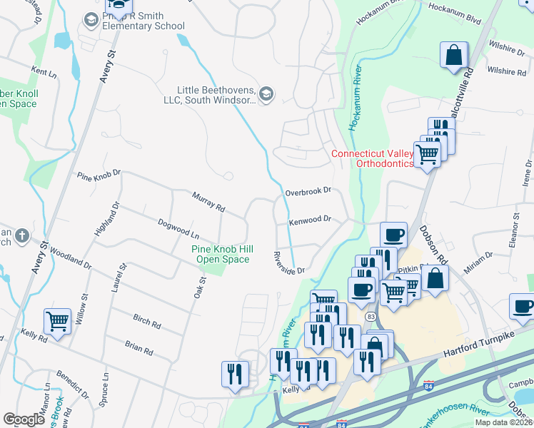 map of restaurants, bars, coffee shops, grocery stores, and more near 107 Overbrook Drive in Vernon