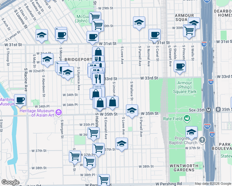map of restaurants, bars, coffee shops, grocery stores, and more near 3331 South Union Avenue in Chicago