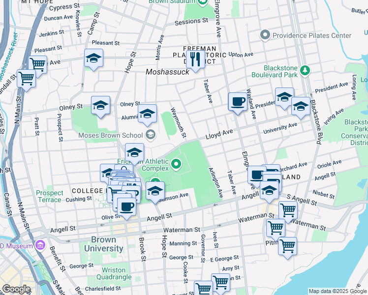 map of restaurants, bars, coffee shops, grocery stores, and more near 295 Lloyd Avenue in Providence