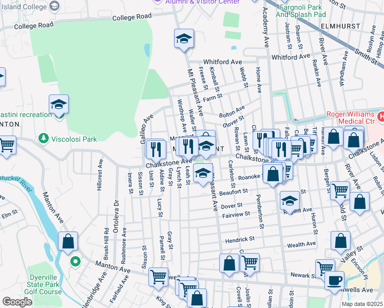 map of restaurants, bars, coffee shops, grocery stores, and more near 17 Winthrop Avenue in Providence