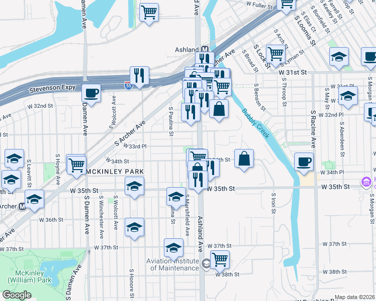 map of restaurants, bars, coffee shops, grocery stores, and more near 1635 West 33rd Place in Chicago