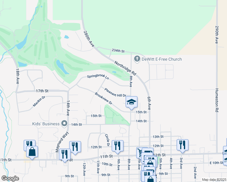 map of restaurants, bars, coffee shops, grocery stores, and more near 801-999 Springbrook Ln in De Witt