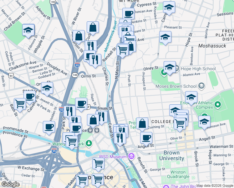 map of restaurants, bars, coffee shops, grocery stores, and more near 397 North Main Street in Providence