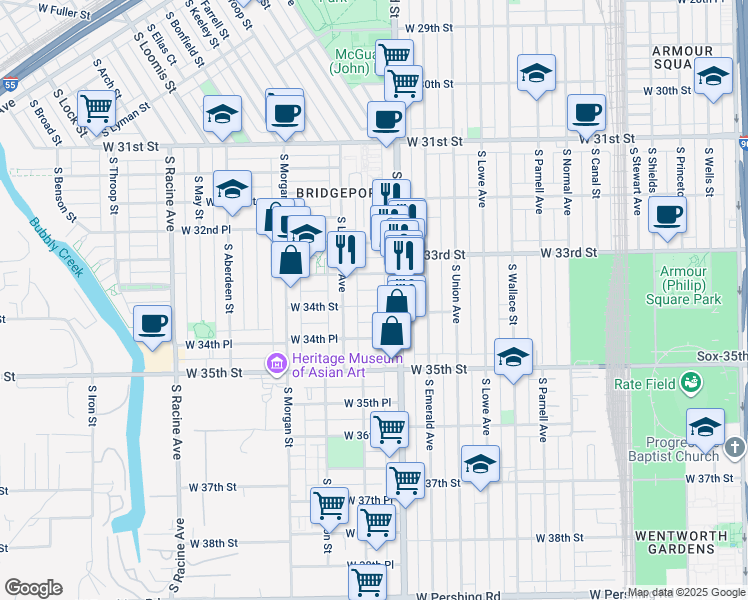 map of restaurants, bars, coffee shops, grocery stores, and more near 843 West 33rd Place in Chicago