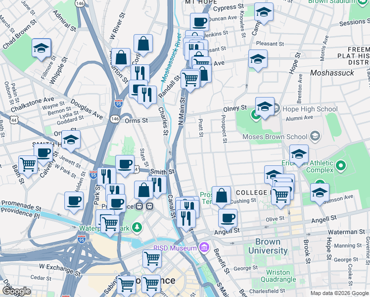 map of restaurants, bars, coffee shops, grocery stores, and more near Benefit Street in Providence