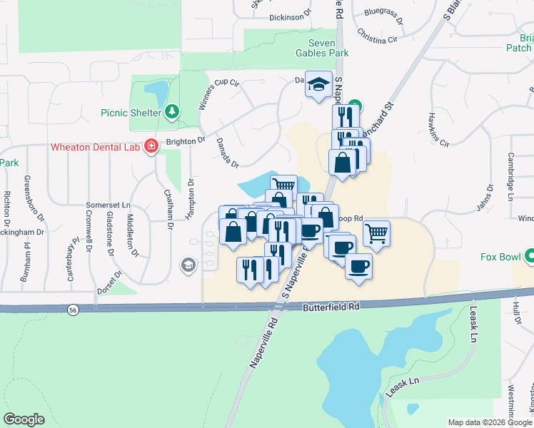 map of restaurants, bars, coffee shops, grocery stores, and more near 25 Vivaldi Court in Wheaton