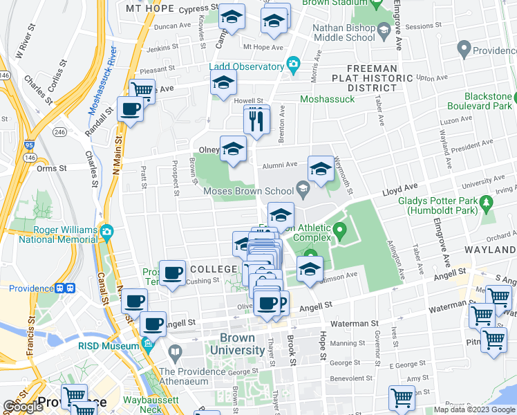 map of restaurants, bars, coffee shops, grocery stores, and more near 109 Barnes Street in Providence