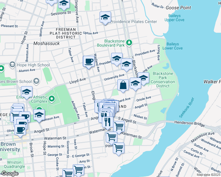 map of restaurants, bars, coffee shops, grocery stores, and more near 118 Irving Avenue in Providence