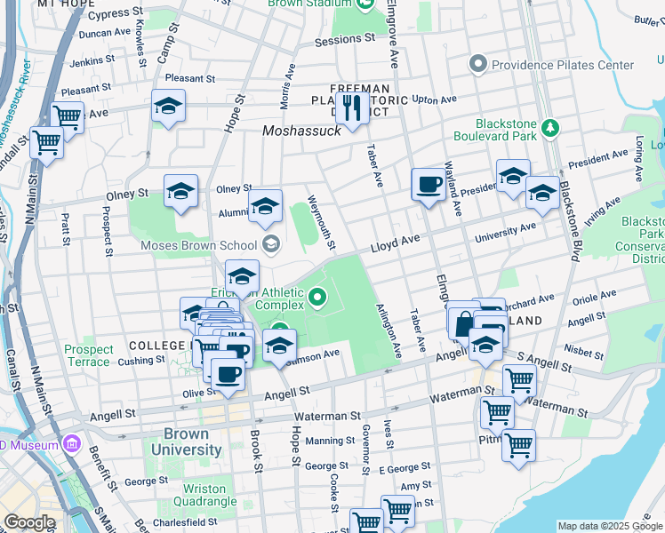 map of restaurants, bars, coffee shops, grocery stores, and more near 1 Weymouth Street in Providence