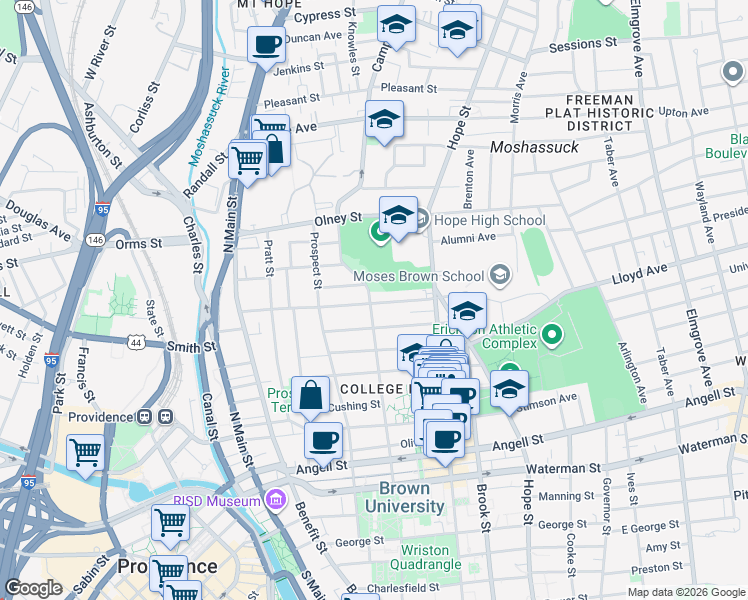 map of restaurants, bars, coffee shops, grocery stores, and more near 222 Brown Street in Providence