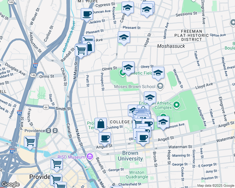 map of restaurants, bars, coffee shops, grocery stores, and more near 222 Brown Street in Providence