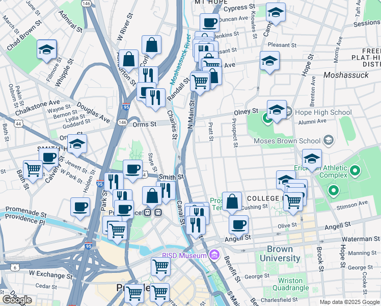 map of restaurants, bars, coffee shops, grocery stores, and more near 397 North Main Street in Providence